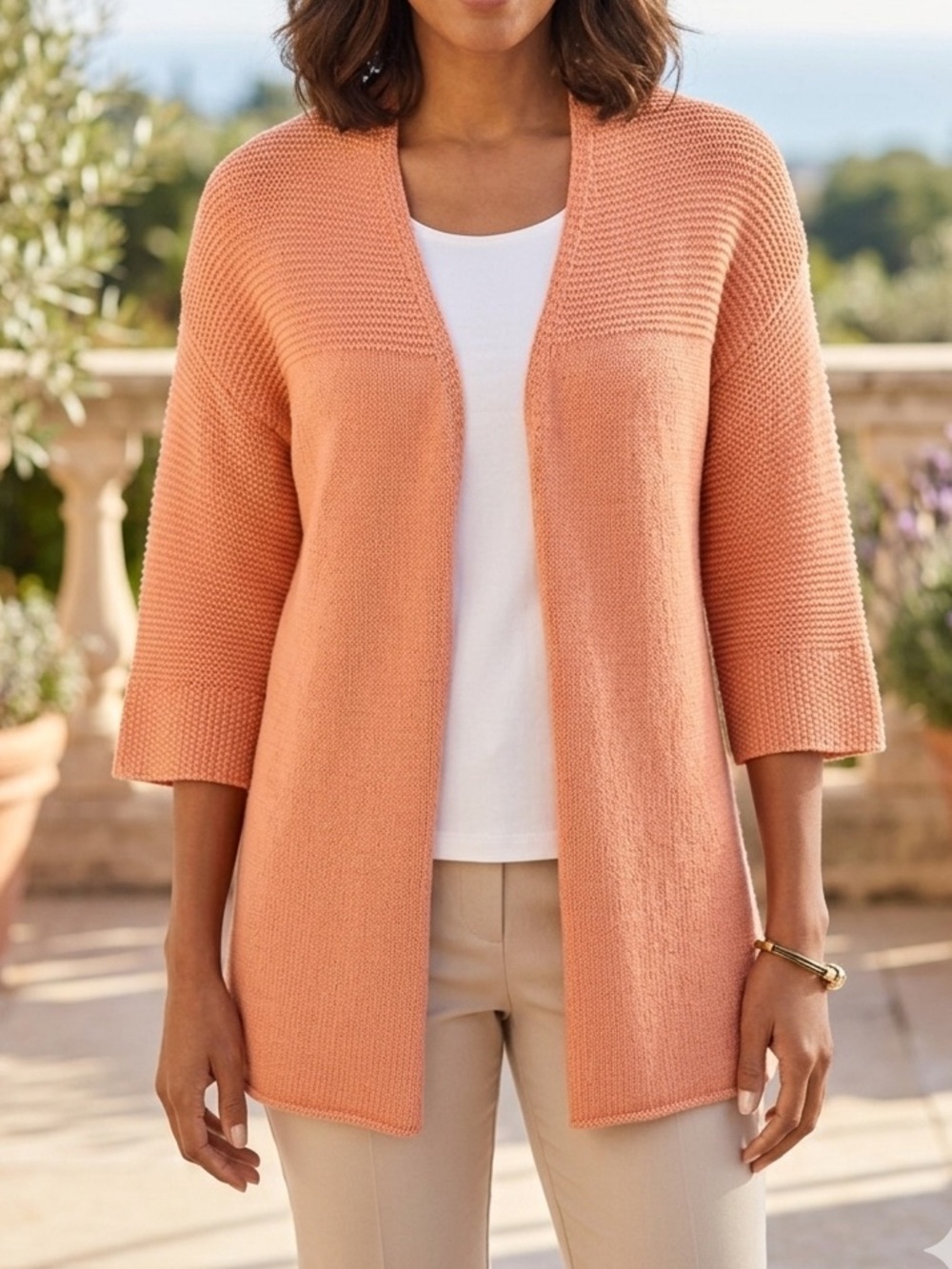 Chico’s Peach Textured Thea 100% Cotton Open Front Cardigan Size Small 4-6